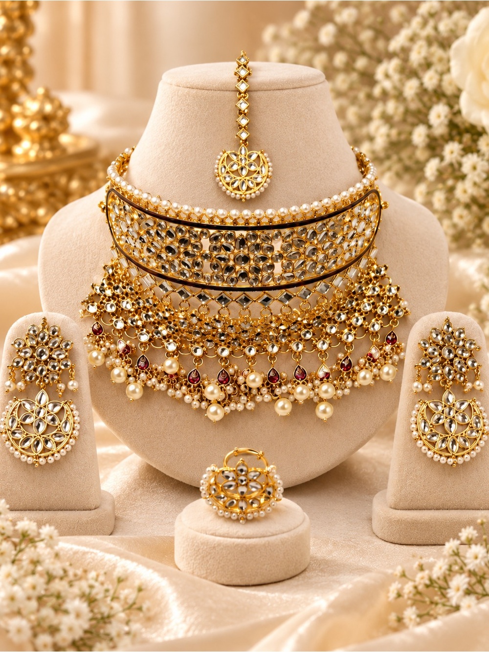 Gold Tone Kundan Choker Set with Pearls and Red Accents - Women Jewelry